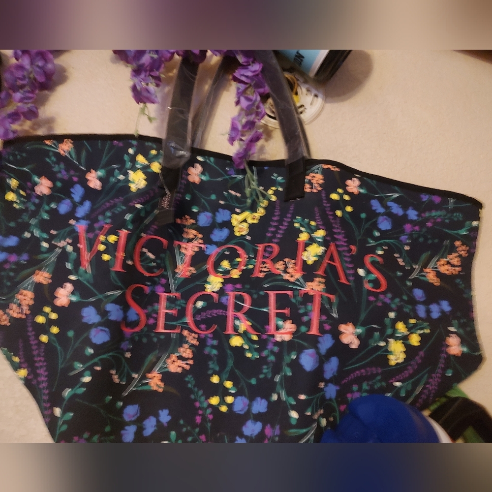 Victoria's Secret Black Tote with Colorful Floral Design